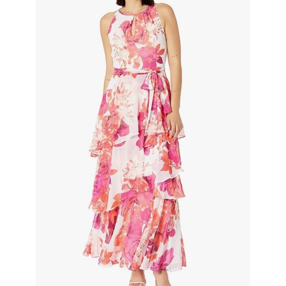 Tahari Floral Tiered Halter Maxi Dress - Pink Floral sz 6 - Picture 2 of 5